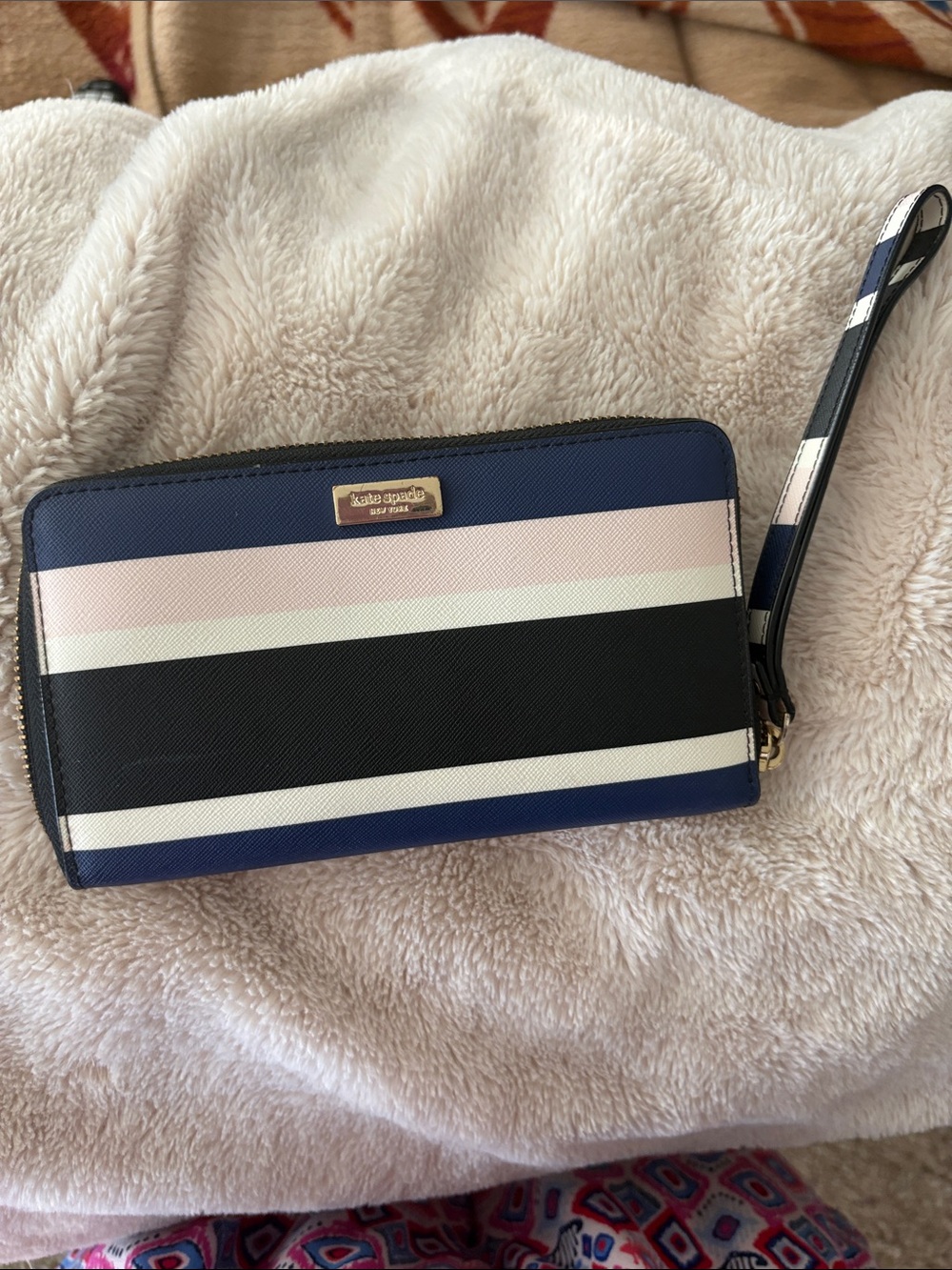 kate spade navy, black, white & pale pink striped wristlet